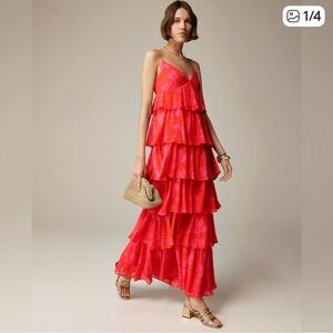 J. Crew V-Neck Tiered Ruffle Maxi Dress in Bright Coral